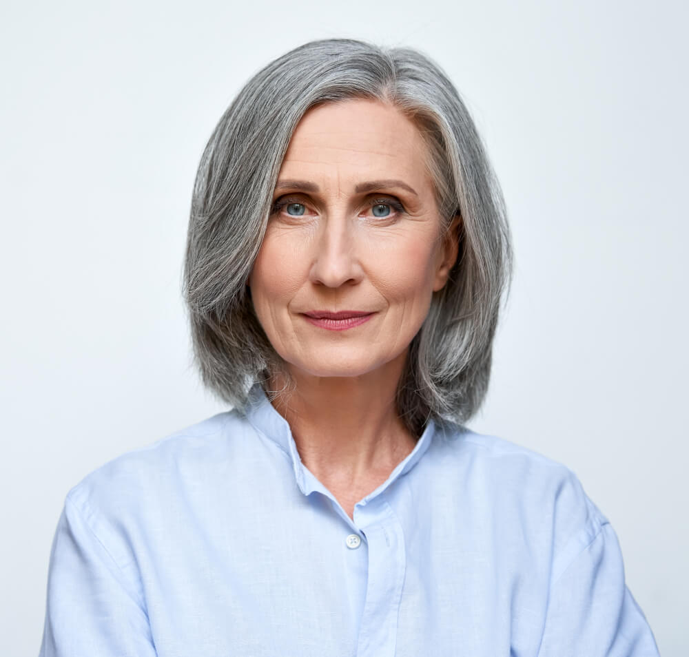 a woman with a blue shirt