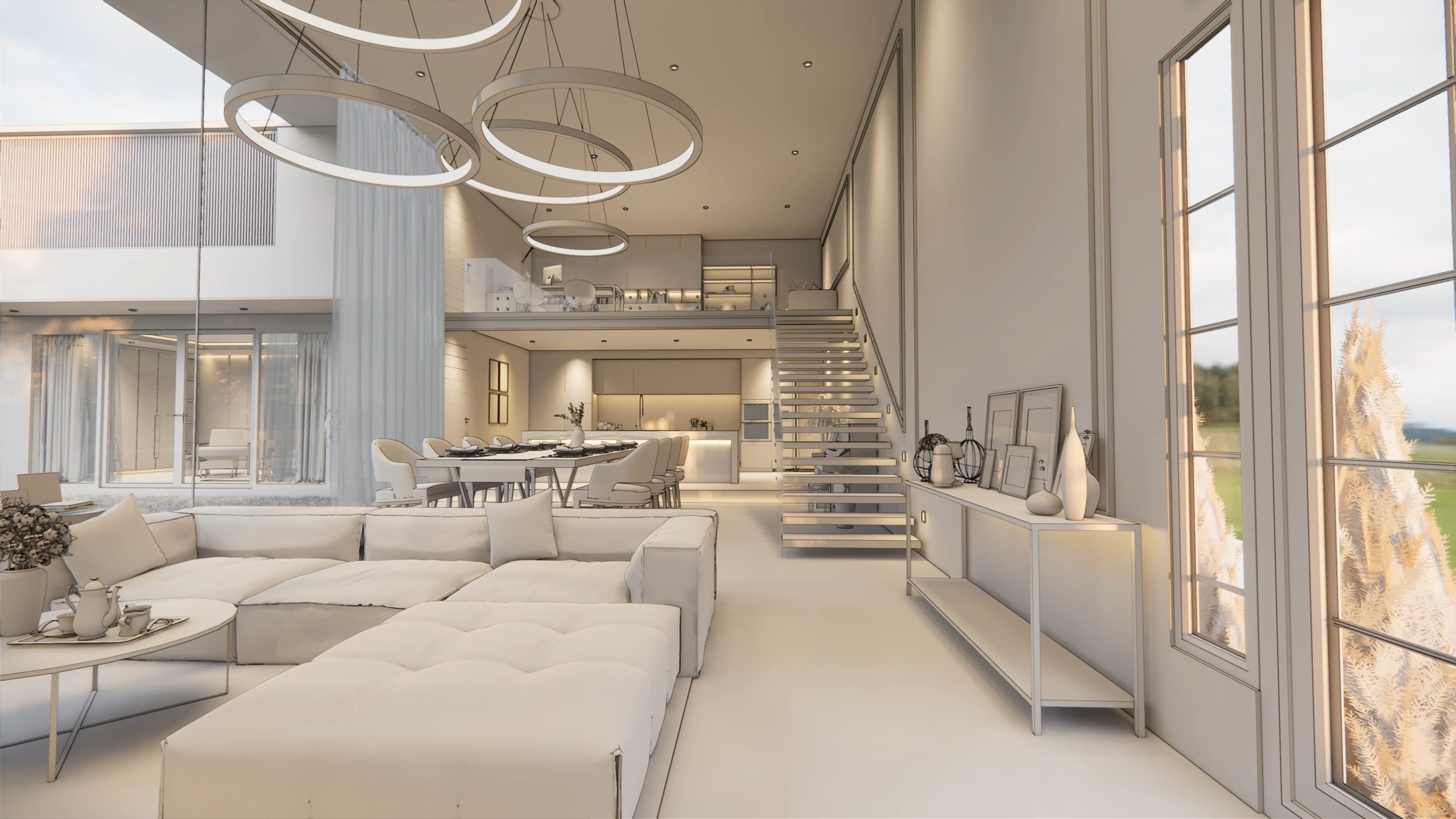 a large room with a staircase and a staircase