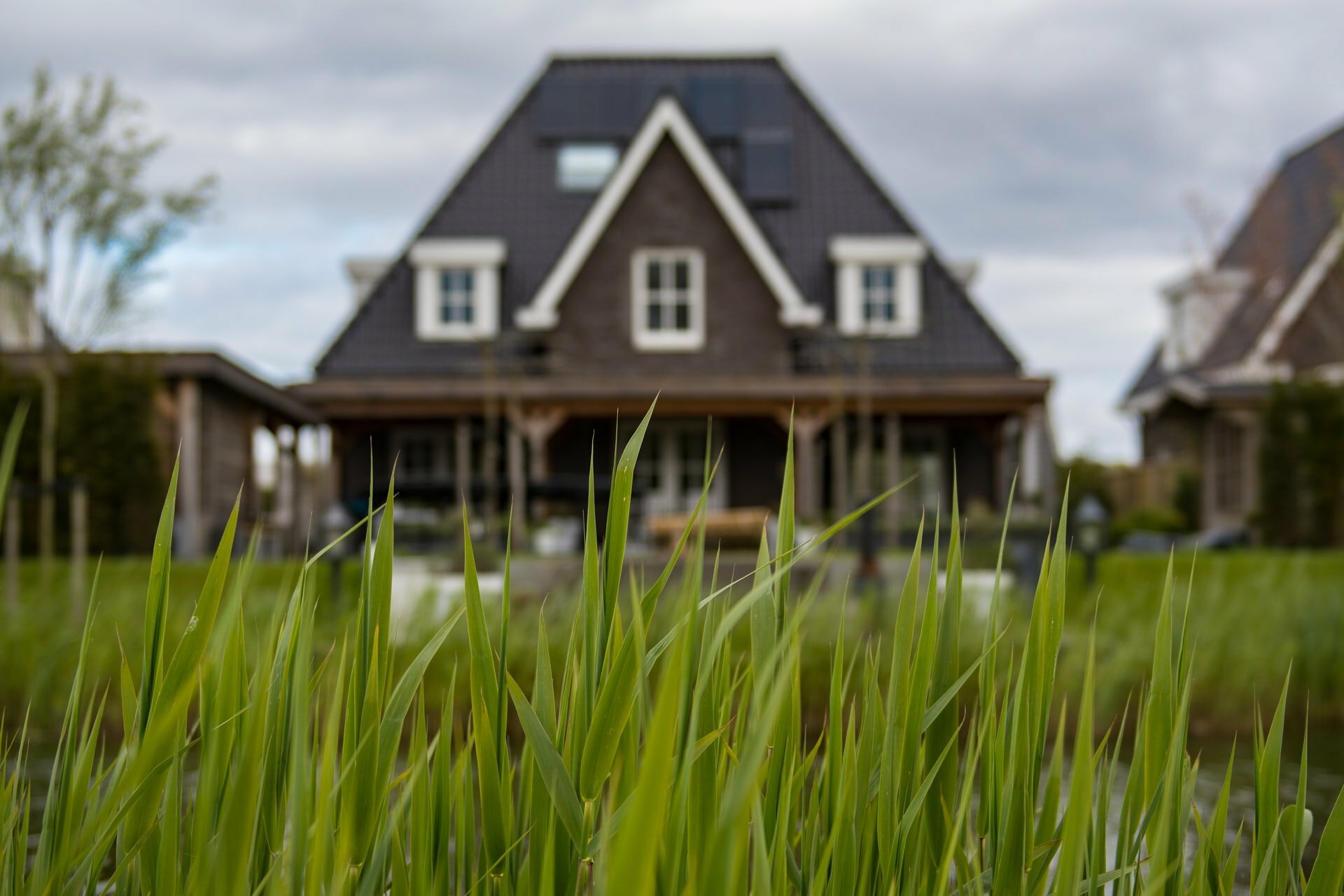 a house in a grassy area